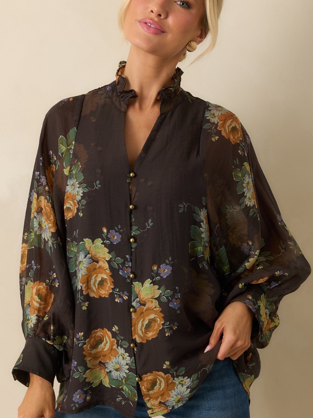 Entro Sweet As Petals Brown Floral Button Up Blouse Size Small